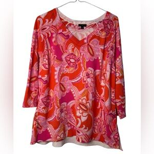 Talbots V-Neck Pullover - Spring Formal Orange & Pink Plus 1X